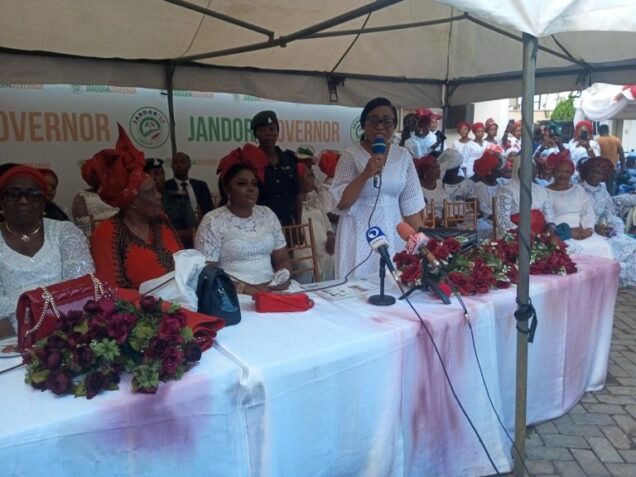 Marian, the wife governorship candidate of PDP in Lagos, Abdul-Azeez Adediran, (aka Jandor) speaking at the party’s event