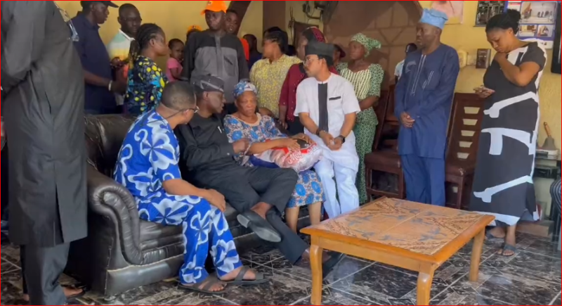 Sanwo-Olu during the visit to the family of the deceased youth corps member, Aina