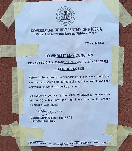 The letter of notice issue for demolition of building housing AIT/RAYPOWER FM of DAAR Communications