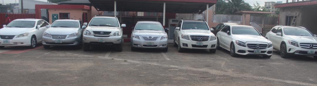 Cars recovered from  21 alleged internet fraudsters, arrested by EFCC operatives in an early morning operation in Benin, Edo State 