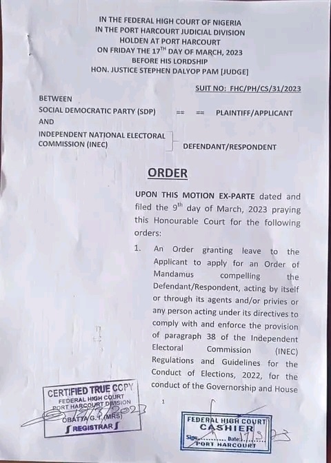 Court order directing INEC to transmit results of governorship, assembly elections in Rivers from polling units electronically to commission's portal.