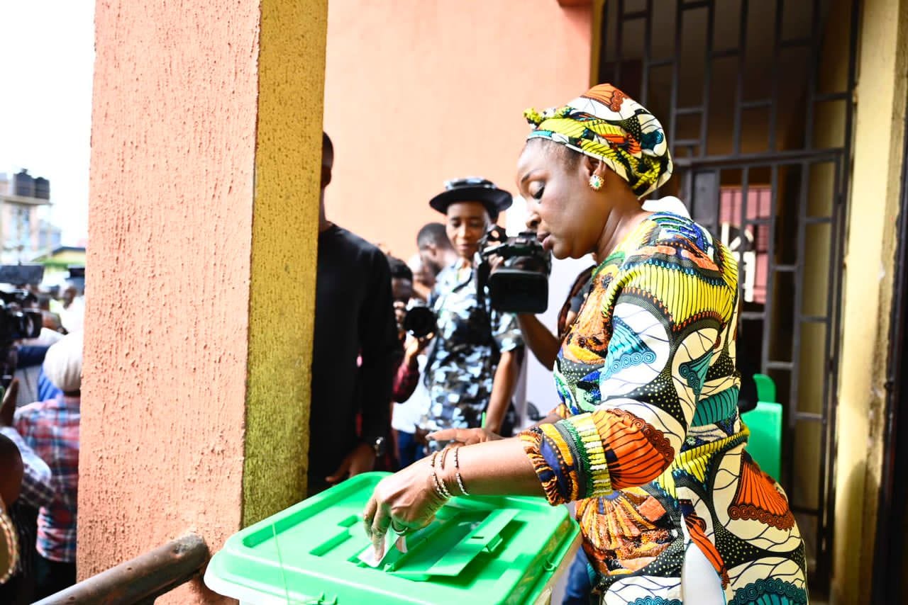 Mrs Betsy Obaseki voting in Edo governorship election on Saturday