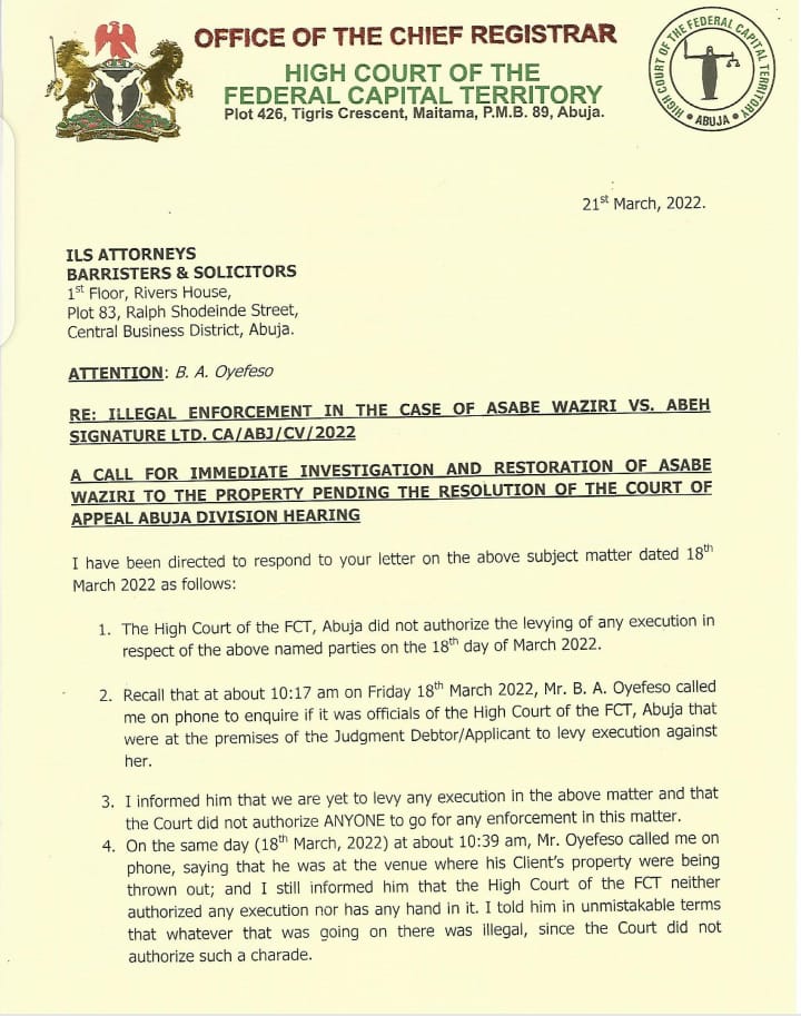 Letter from the Chief Registrar of the court page 1