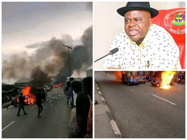 Governor Duoye Diri of Bayelsa State and some commercial tricycles(Keke) set ablaze by protesters in Yenagoa, Bayelsa State capital