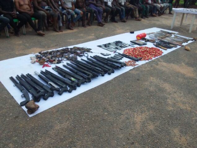Displayed arms and ammunition recovered from 78 arrested members of the dissolved Park Management System (PMS) in Oyo State, on Tuesday in Ibadan.