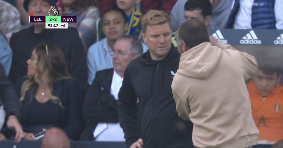 Newcastle boss Eddie Howe confronted by fan in dugout during Leeds United clash