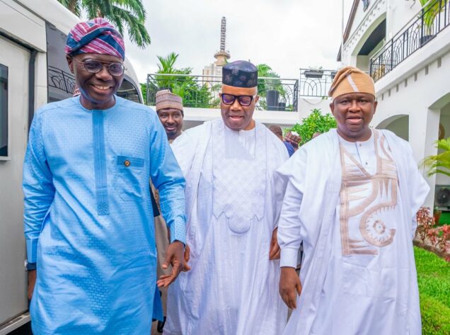 Lagos governor   Babajide Sanwo-Olu, Senator  Akpabio and Barau Jibrin (at the back) and Sen. Solomon Adeola during the consultative visit to Lagos