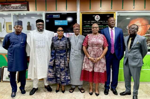 L-R: Director General, Advertising Regulatory Council of Nigeria, Dr. Olalekan Fadolapo; Mr. Idorenyen Enang; Chairperson of the Advertising Offences Tribunal, Honourable Justice Cecilia Olatoregun; Minister of  Information and Culture, Alhaji Lai Mohammed Information; Mrs. Julia Oku Jack; Mr. Charles Odenigbo, and Mr. Moroof Aileru at the inauguration of members of the Advertising Offences Tribunal by the Minister in Abuja on Thursday