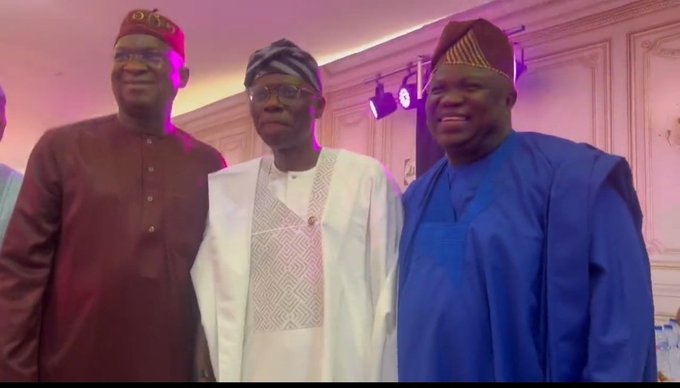 Ambode meets Fashola and Sanwo-Olu at reception for Tinubu in Lagos