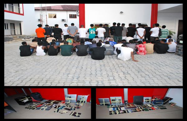 The 56 suspects arrested in Port Harcourt, Rivers State over alleged involvement in internet fraud by EFCC and items recovered from them