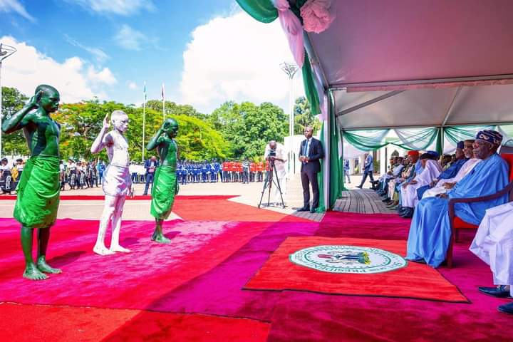 President Bola Ahmed Tinubu inspects Guard of Honour to mark the June 12, 2023 Democracy Day at the Aso Rock presidential villa on Monday. 