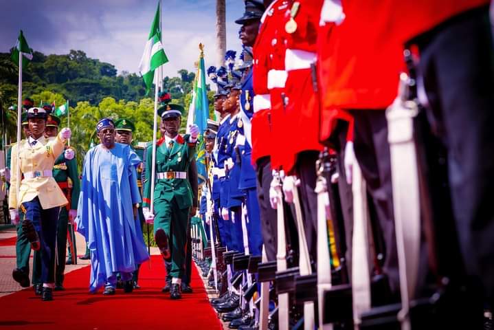 President Bola Ahmed Tinubu inspects Guard of Honour to mark the June 12, 2023 Democracy Day at the Aso Rock presidential villa on Monday.