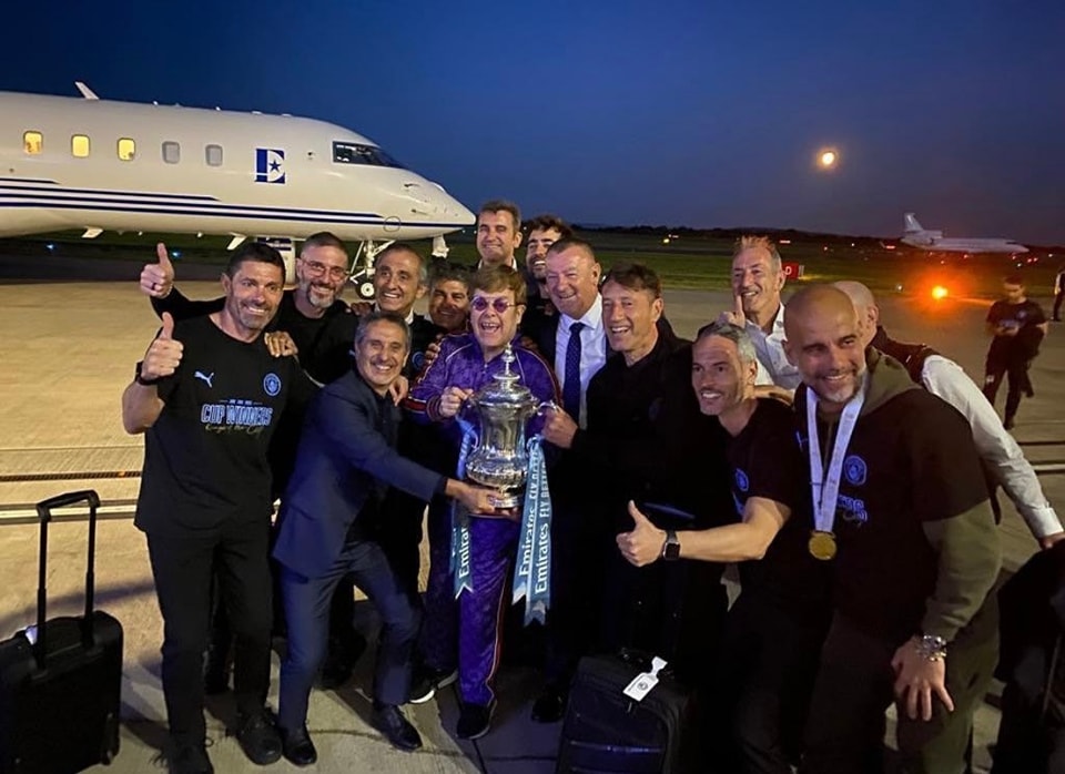 Manchester City celebrate FA Cup victory with Elton John