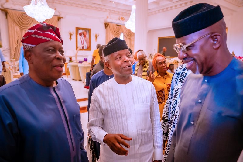 Former Governor of Ogun, Segun Osoba, with the vice president and another  guest at the Balogun's family.