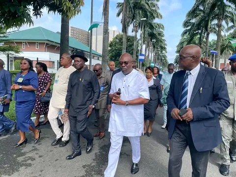 Governor Siminalayi Fubara (in white),Head of Service, George Nweke and other Permanent Secretaries during his surprise visit at Rivers State Secretariat,Port Harcourt