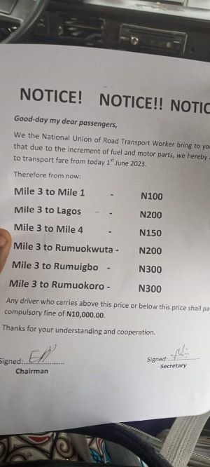 Transport fares by NURTW in Rivers