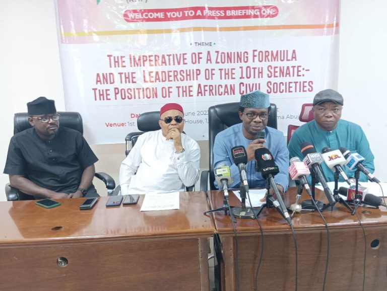 From L-R: Chairmnan, Youth Reform Group, Mr Charles Folayan; represeantative of Renewed Hope Prayer Fellowship, Pastor Prosper Kachikwu; President, African Civil Society Forum, Dr Tunji Asaolu; and Mr Martins Igwe at the news conference in Abuja
