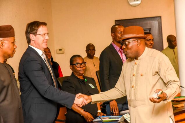Governor Siminalayi Fubara in a handsake with the Managing Director of Julius Berger Nigeria PLC, Dr. Lars Ritcher after the signing of contract for Port Harcourt Ring Road Project in Government House, Port Harcourt on Wednesday