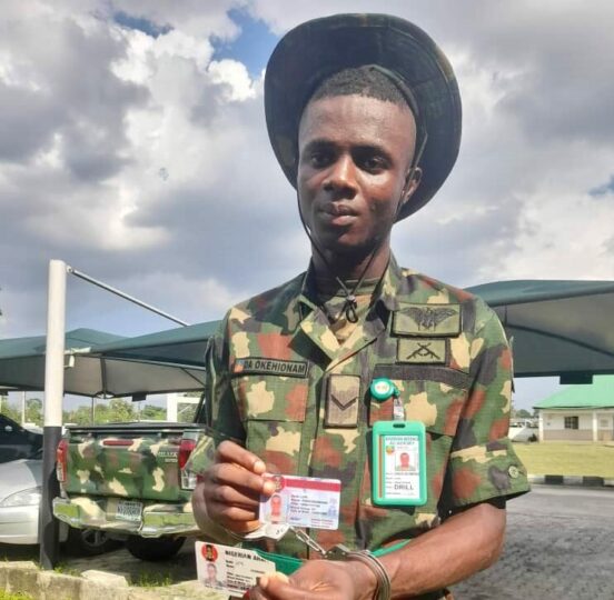 Desmond Okeh: Arrested for falsely parading himself as a Lance Corporal of Nigerian Army in Port Harcourt, Rivers State.
