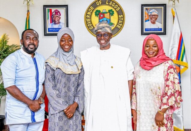 L-R: Father of Best Graduating Student 2021/2022, Lagos State University, LASU, Mr Yusuf; his daughter, Aminat Yusuf; Lagos State Governor, Mr Babajide Sanwo-Olu and Aminat’s Mother, Mrs Yusuf during a visit to the Governor at the Lagos House, Marina, on Thursday, 06 July 2023