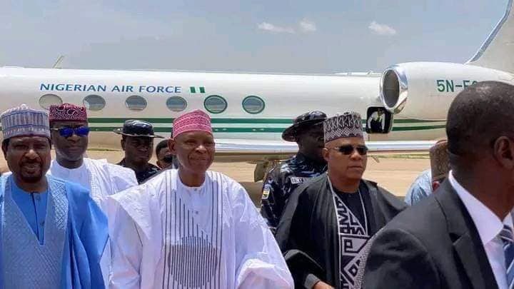 Shettima, right, Senator Barau, left and Gov. Abba Yusuf in Kano