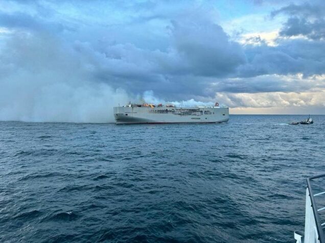 Ship on fire off Dutch coast