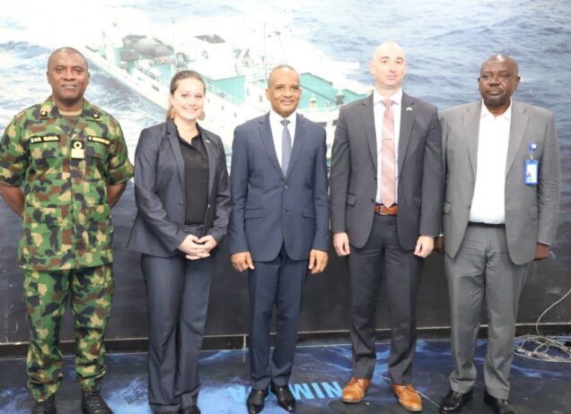 L-R: Commander, Maritime Guard Command, Nigerian Maritime Administration and Safety Agency, NIMASA, Commodore AA Gaya; leader of the delegation from the United States Coast Guard Lt. Cdr. Jonna L. Clouse; Director General, NIMASA, Dr. Bashir Jamoh, OFR; Cdr. James Cepa; Jordan Lachance, Political/Economic Officer, United States Consulate General, Lagos and Head, ISPS Unit, NIMASA, Mr. Isa Mudi during the visit