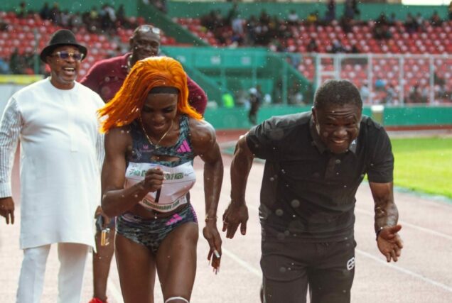 Edo Deputy Governor Philip Shaibu and Tobi Amusan at the ongoing World Athletics Championship Trials at the Samuel Ogbemudia stadium