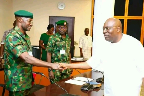 Rivers governor Fubara and Major Gen. Jamal Abdussalam,the  General Officer Commanding Nigerian Army/Land Component Commander Joint Task Force (South-South) Operation Delta Safe.