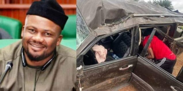 The immediate past Speaker of Edo House of Assembly, Marcus Onobun, and the vehicle he was driving in when he was involved in  ghastly accident on Wednesday.