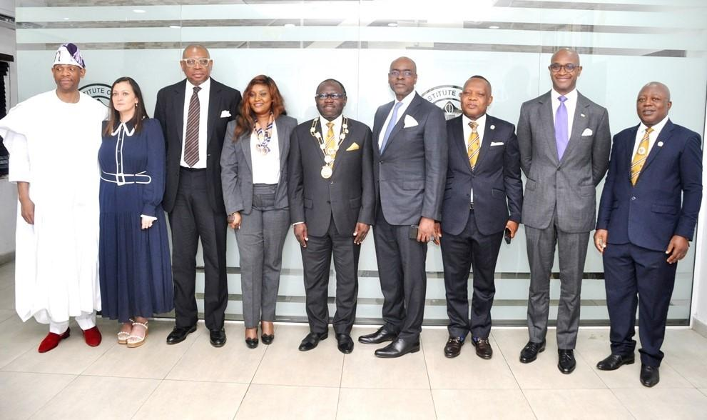 From left: Mr. Gboyega Balogun; his wife, Emma; Mr. Jide Balogun; Second Vice President, Chartered Institute of Stockbrokers (CIS), Mrs. Fiona Ahimie; President of CIS, Mr. Oluwole Adeosun; Mr. Bolaji Balogun; First Vice President, CIS, Mr. Oluropo Dada; Mr. Ladi Balogun and Registrar of CIS, Josiah Akerewusi, during a special Farewell Session organised in honour of late Otunba Subomi Balogun, Founder of FCMB Group, by the CIS in Lagos yesterday (July 3, 2023).