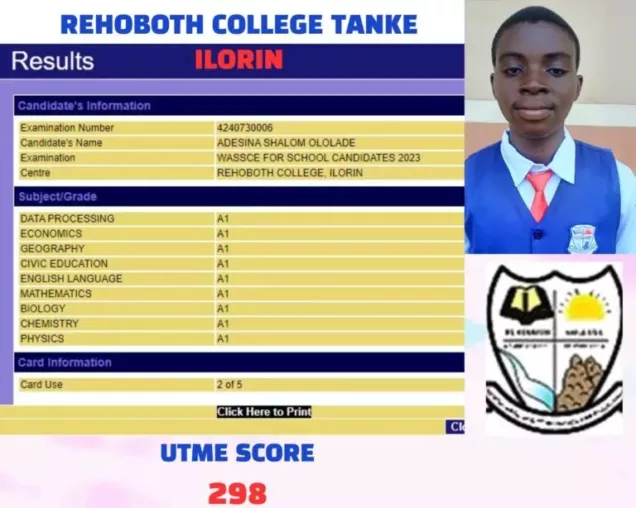 Ololade Adeshina’s result as displayed on WAEC portal.