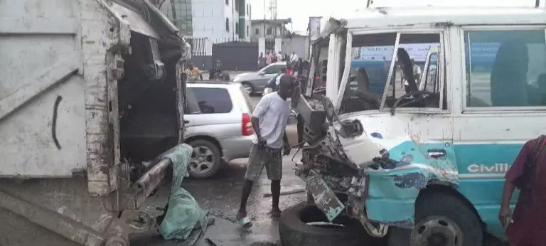 LASTMA rescues eight passengers from an accident involving a broken down truck and a fully loaded mass transit bus at Ojota, Lagos state.