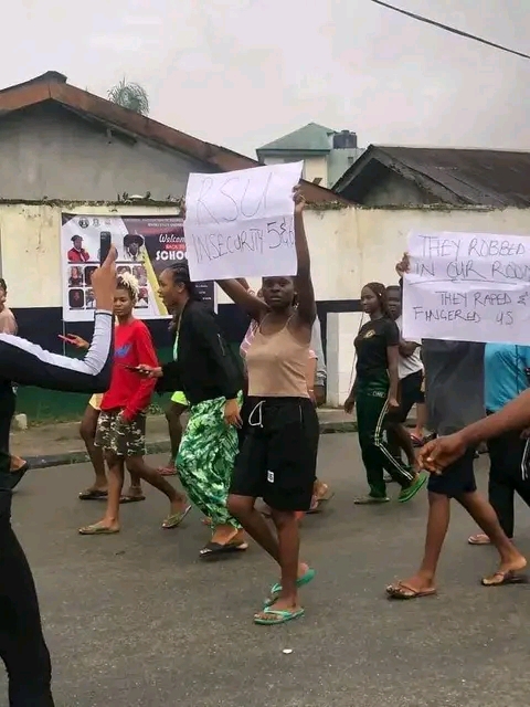 Female students of Rivers State University, Port Harcourt flood their campus in protest over attack on their hostel by armed robbers.