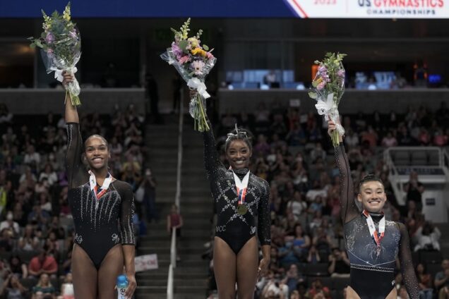 Simone Biles, middle, breaks US gymnastics record