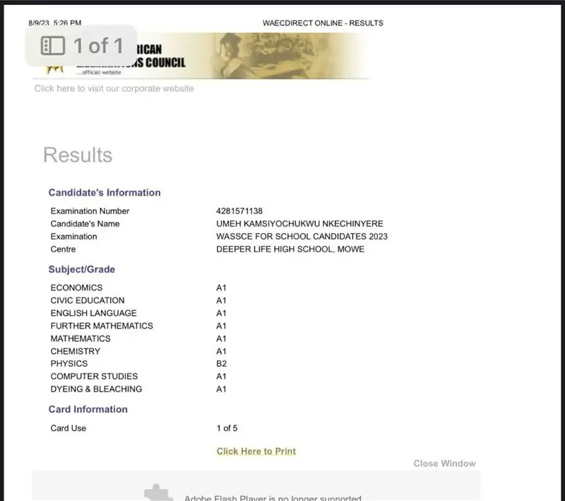 UTME's best candidate Kamsiyochukwu clears SSSCE with eight A1