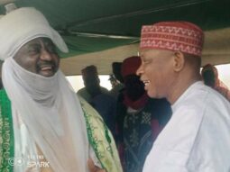 Emir Aminu Ado Bayero and Kano Governor Yusuf exchange pleasantries during the re-commissioning of Hasiya Bayero Paediatric hospital located close to the Emir’s Palace on Sunday