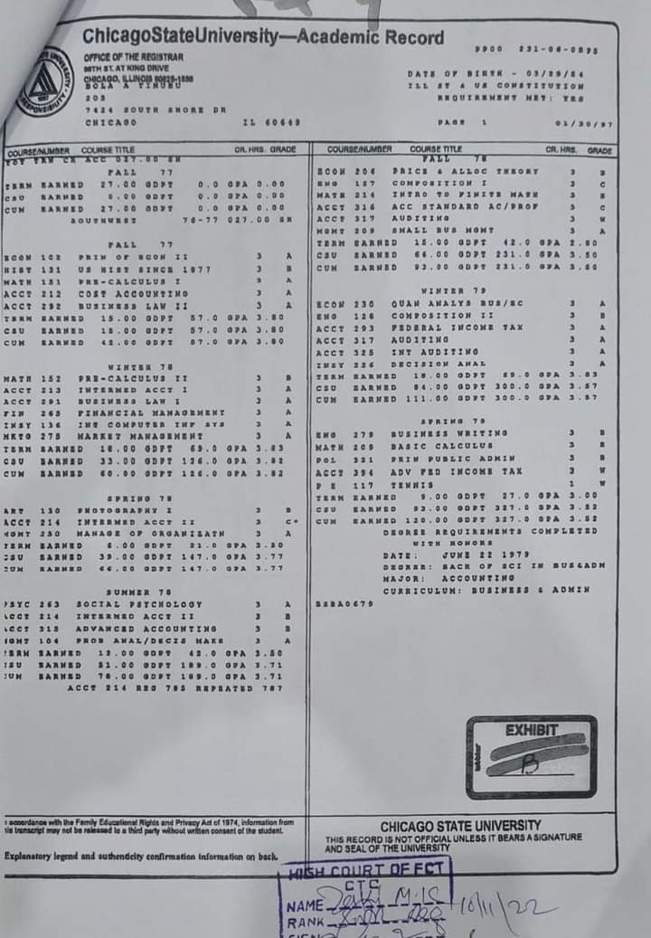 Chicago State University Releases Bola Tinubu's Academic Record - P.m. News