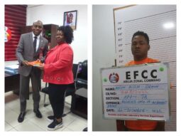 Cheryldene Cook with EFCC official, left and scammer Aisosa Kelvin Ohue