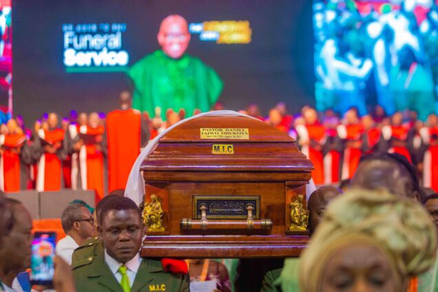 Final journey – Casket bearers carry the remains of the late Pastor Taiwo Odukoya to his final resting place in Lagos.