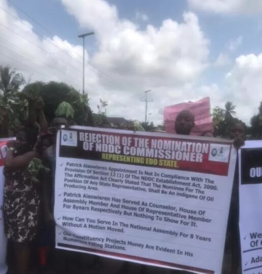 People of Ugu communities of Orhionmwon local govt of  Edo protesting against appointment of Patrick Asowieren as the state representative on the Board of the NDDC