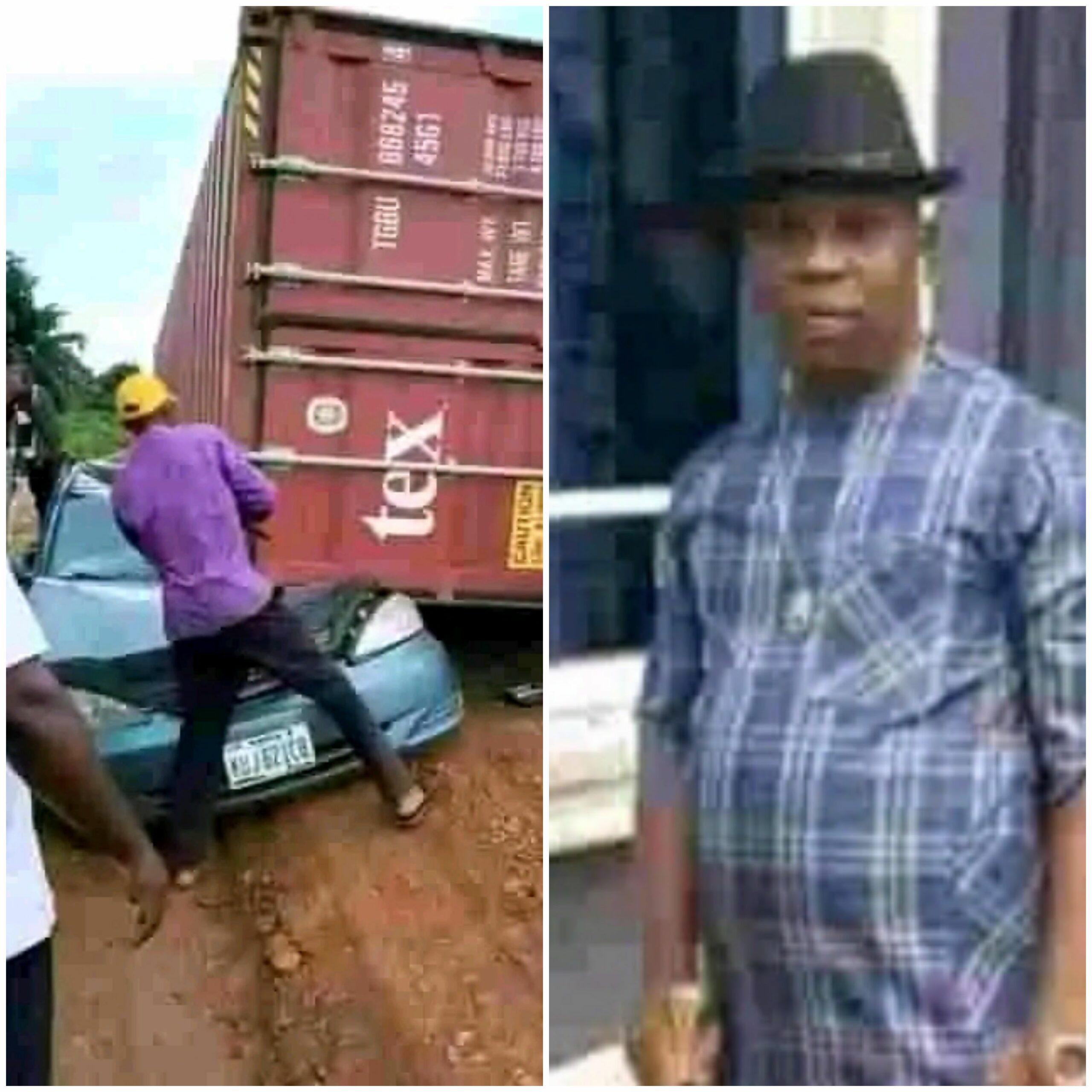 Concerned road users try in vain to rescue Akuma Kalu trapped underneath a 40 -feet container and the late Akuma Kalu while alive