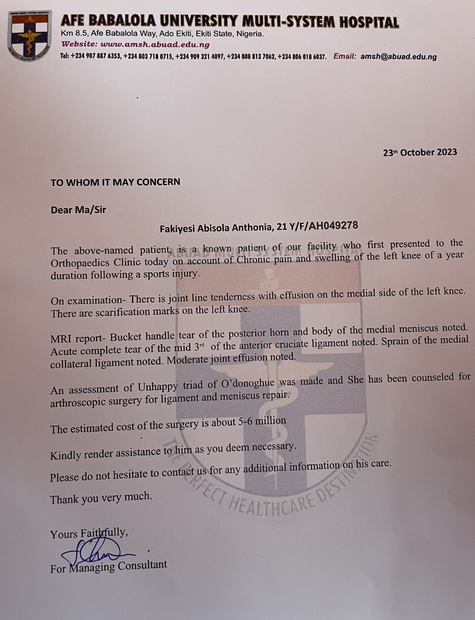 Letter from Abuad hospital