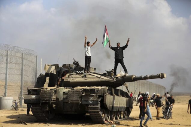 Hamas fighters capture an Israeli tank
