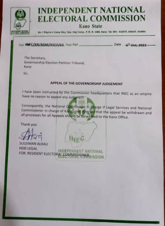 INEC rescinds decision to appeal sack of Gov Abba Yusuf and declaration APC's Nasiru Gawuna winner of Kano governorship election by tribunal