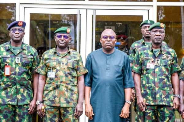 (L-R) Lt. Gen. T. A. Lagbaja, COAS, Gov. Siminalayi Fubara, Maj. Gen. Jamal Abdulsalam, & Brig. Gen Edet Effiong, during a visit to Government House, Port Harcourt on Friday