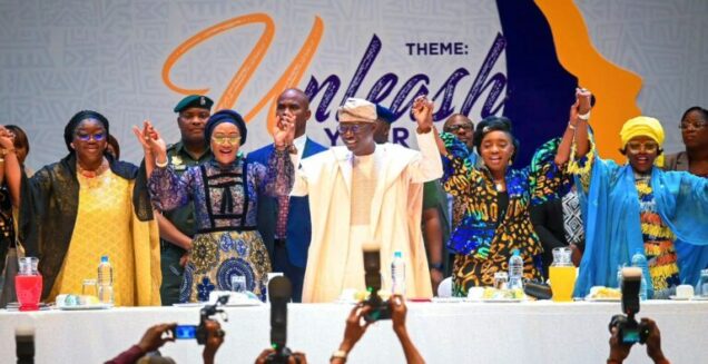 L-R: Wife of the Senate President, Mrs Unoma Akpabio; the First Lady of Nigeria, Senator Oluremi Tinubu; Lagos State Governor, Mr Babajide Sanwo-Olu; his wife and the Chairman, Committee of Wives of Lagos State Officials (COWLSO), Dr. Ibijoke Sanwo-Olu and wife of the Chief of Staff to the President, Mrs Salamatu Gbajabiamila during the opening ceremony of 23rd National Women’s Conference organised by COWLSO, themed: “Unleash Your Potentials” at the Eko Hotels and Suites, Victoria Island, on Tuesday, Oct. 17, 2023.