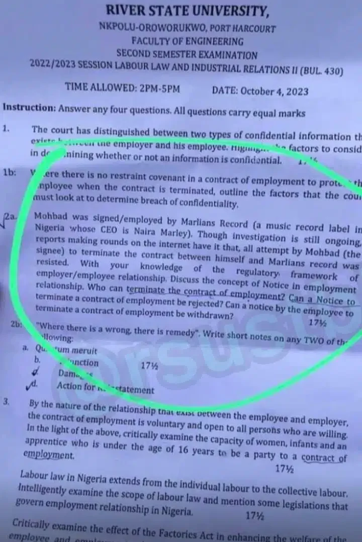 The ordeal of late Mohbad as  an artiste under the label owned by Naira Marley features as exam question of Rivers State University (RSU)