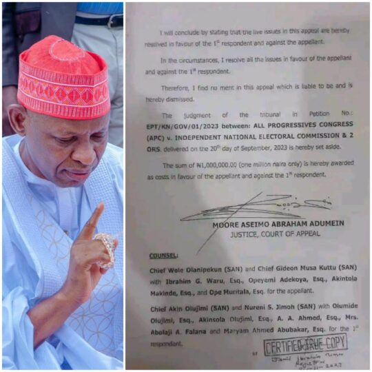Governor Abba Kabir Yusuf of Kano State and the alleged one page ‘contradictory’  document allegedly from Court of Appeal Judgment on the Kano governorship election
