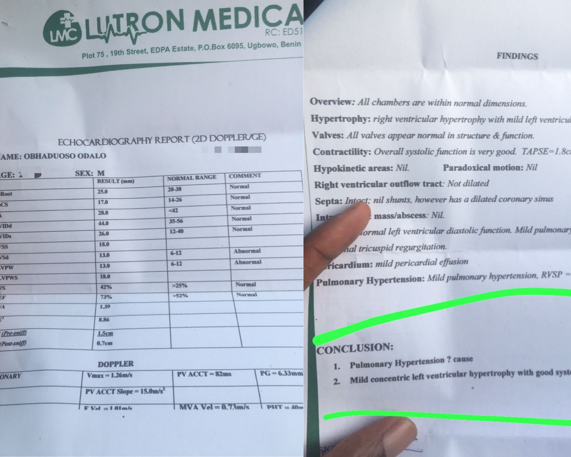 7 Odalo Echocardiography Report was allegedly conducted at Lutron Medical Centre Benin Photo source Elsa